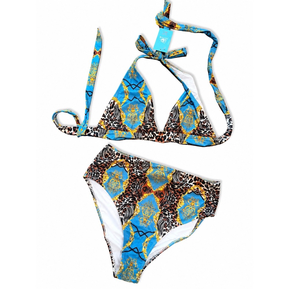Cupshe Women XL Bikini Set Blue Baroque Leopard Print High Waisted Two Piece NEW